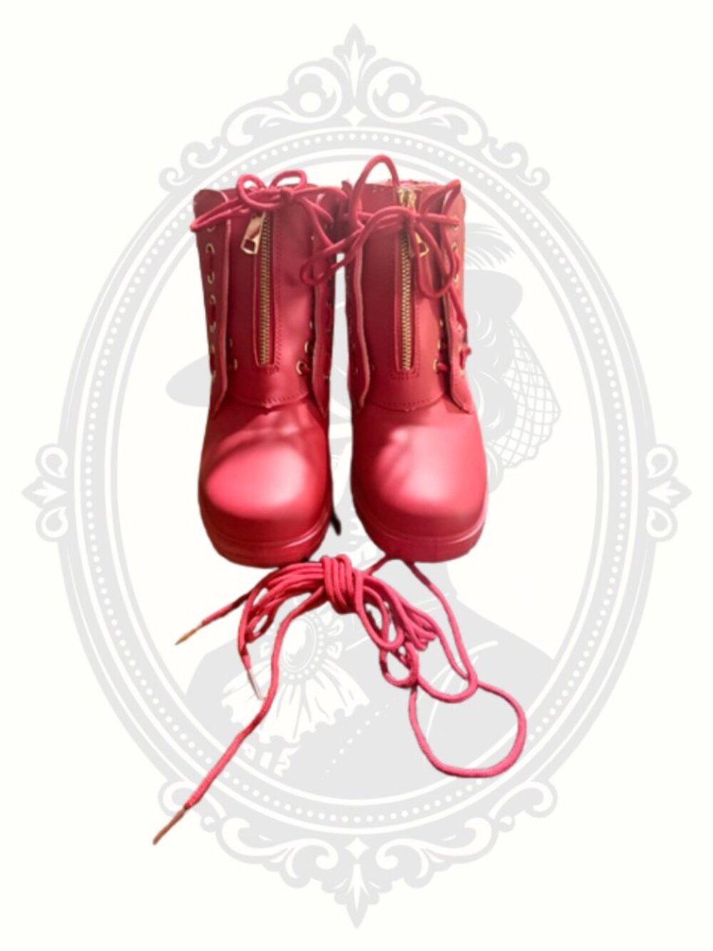 DADAWEN Red Waterproof Combat Boots Front Zip Lace Up Vegan Leather Size EU 37